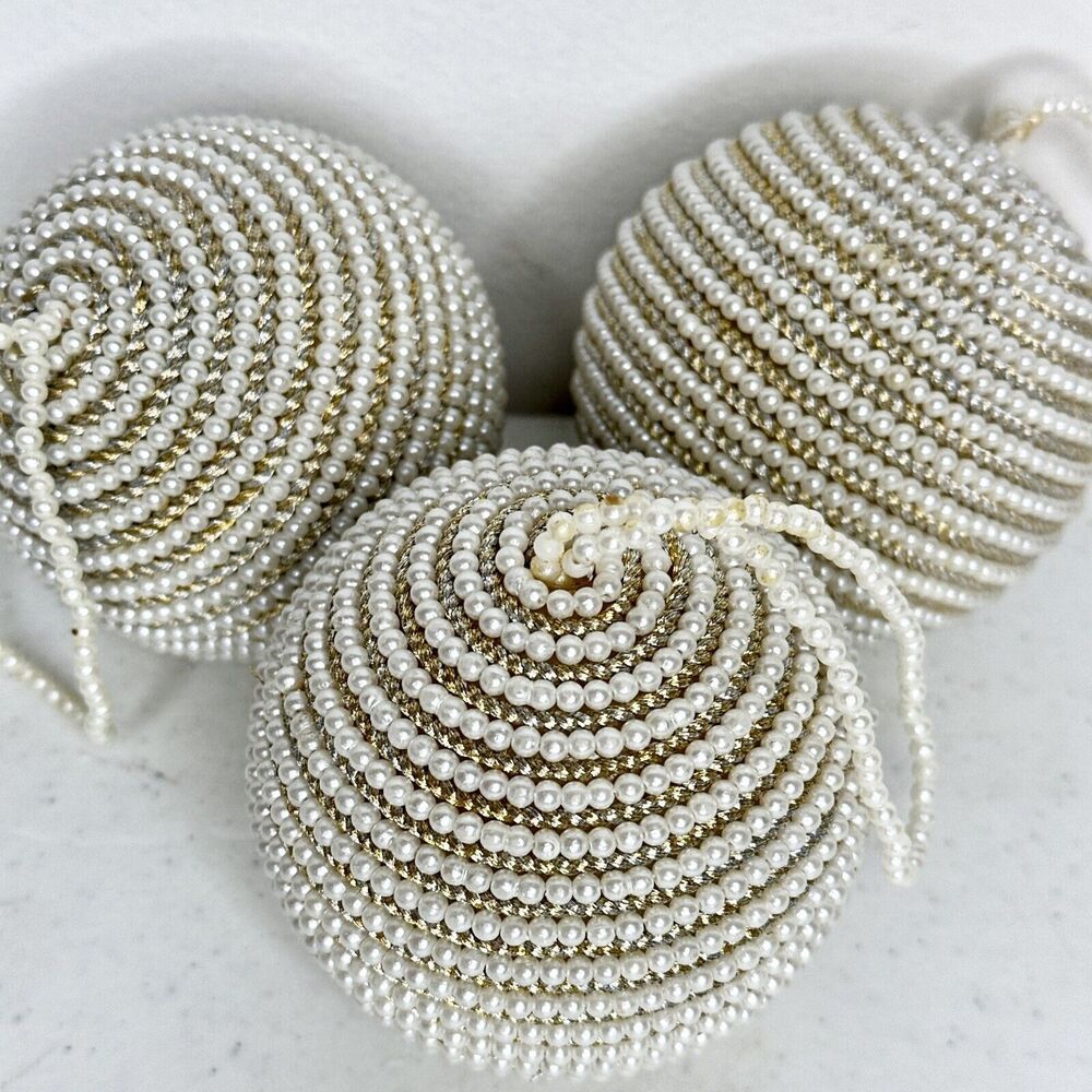 Vtg Set Of 3 Faux‎ Pearl Decoration Ornament Christmas White Pearl & Gold Beaded